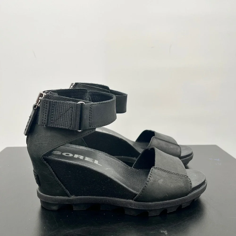 Sorel Joanie II Wedge Sandals Womens 6.5 Black Leather Ankle Strap NL3217-010